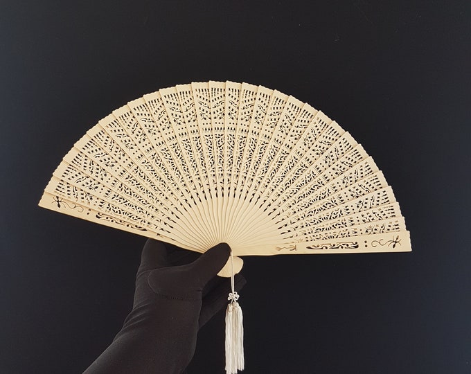 Vintage Japanese Bamboo Folding Hand Fan, Laser Cut Floral Pattern