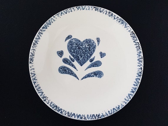 Vintage Gibson Stoneware Side Plates Set of 6 Blue Sponged Heart Country Kitchen Dinnerware