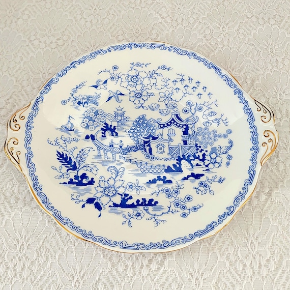 Vintage Royal Albert Mikado Handled Cake Plate Blue Willow English Bone China Platter