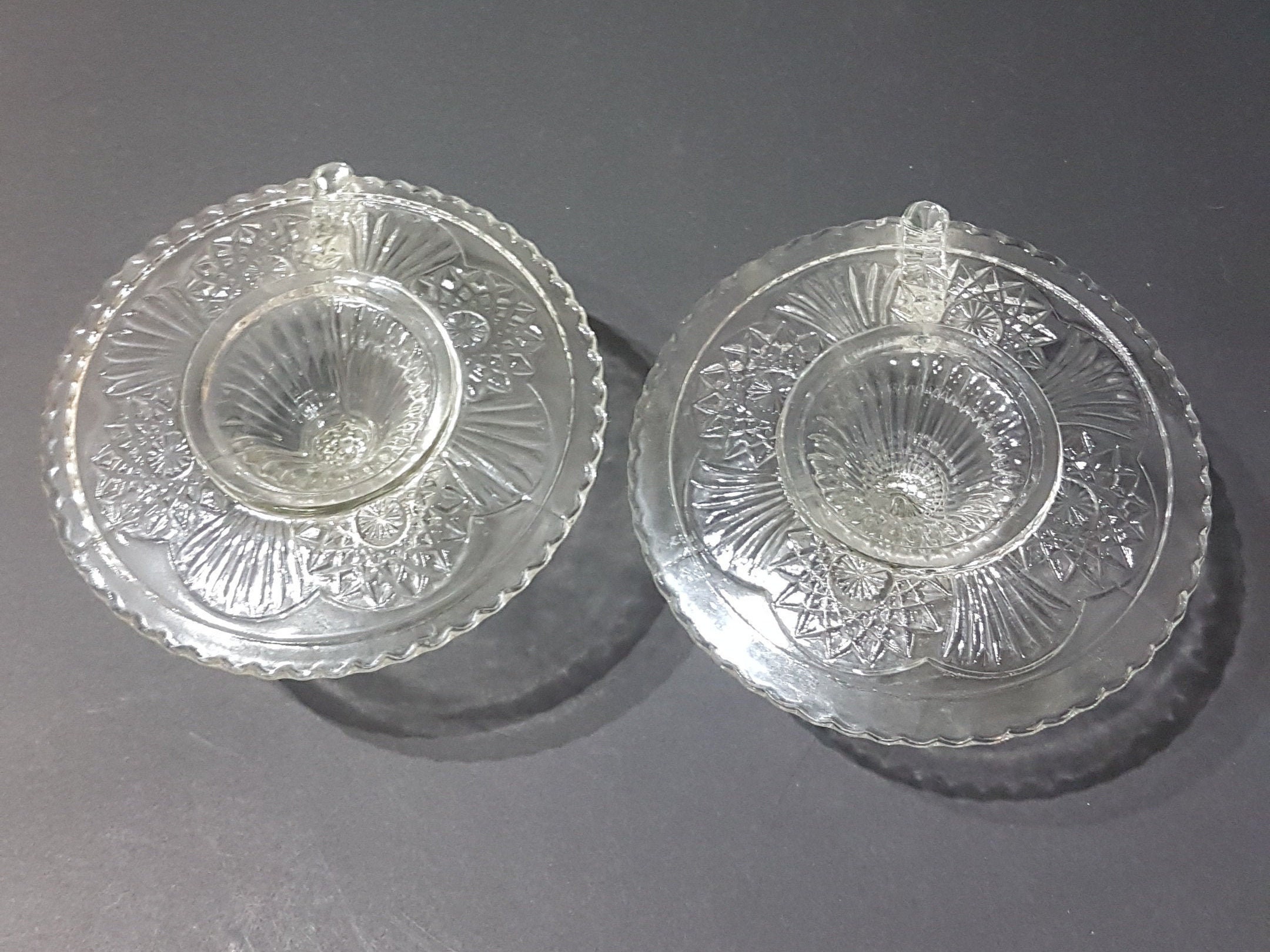 Pair of Vintage Clear Glass Taper Candle Chamberstick Holders with