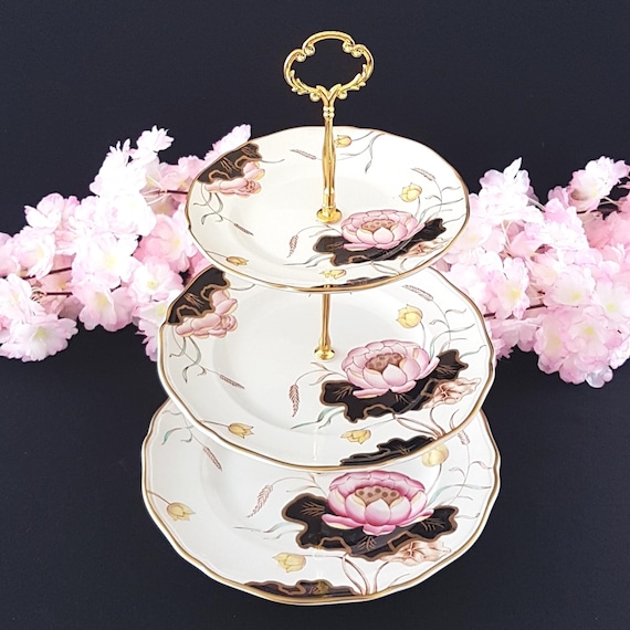 Handmade Water Lily Ironstone 3 Tier Cake Stand Vintage English Wedding Gift Serving Tray