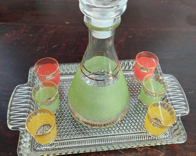 MCM France Decanter Set Glass Tray 8 Piece Vintage Whiskey Bar Cart Barware