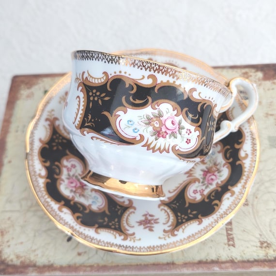 Paragon Tea Cup and Saucer | Black Pink Cabbage Rose | Royal Warrant England