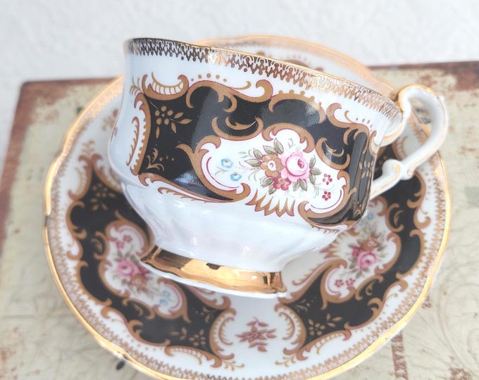 Paragon Tea Cup and Saucer | Black Pink Cabbage Rose | Royal Warrant England