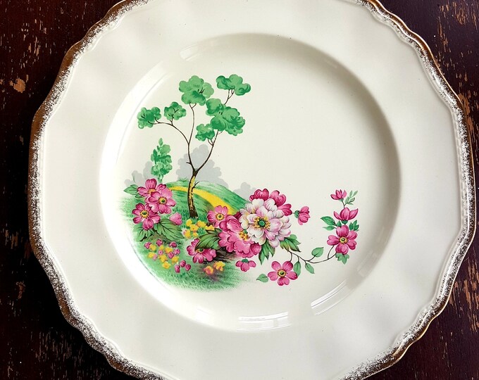 Alfred Meakin ENGLISH MEADOW Dinner Plate, Sets of 2, Pink Floral Center, Astoria Shape, Meakin Marigold, 18kt Gold Brushed Edge, 1930s