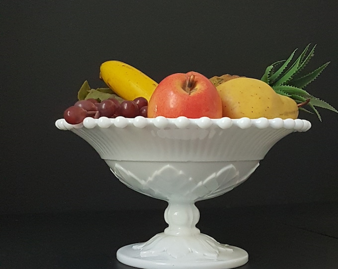 Paneled Grape White Milk Glass, Vintage Pedestal Compote Bowl, Imperial Glass, Candlewick Beaded Edge, Mid Century Glass