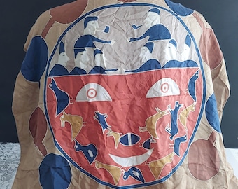 Vintage Inuit Hand Painted Silk  Scarf, Canadian Native Indigenous Wall Art