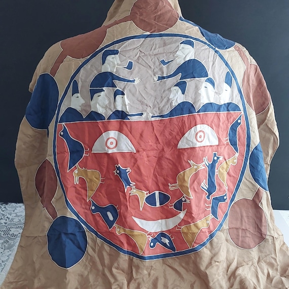 Vintage Inuit Hand Painted Silk  Scarf, Canadian Native Indigenous Wall Art