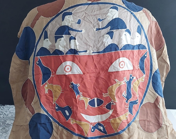 Vintage Inuit Hand Painted Silk  Scarf, Canadian Native Indigenous Wall Art