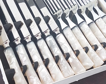 12pc Dessert Fork Knife Set, Pearlcraft Faux Mother of Pearl Handles, Thomas Ward & Sons Sheffield England