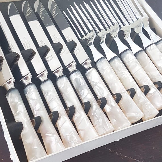 Vintage Pearlcraft Dessert Fork & Knife Set: Thomas Ward Sheffield England