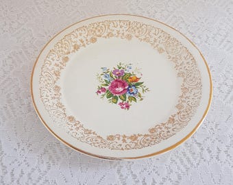 4pc Vintage Georgian China Devon Rose Side Plates: Pink Floral 22kt Gold Overlay Tea Party Set