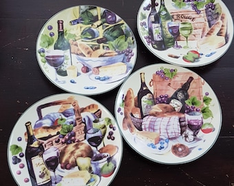 Vintage 4pc Wine & Cheese Side Plates Set: Cocktail Hour Decor Housewarming Gift
