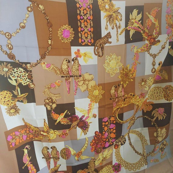 Authentic Vintage French Silk Scarf - 33" Square Jungle Motif with Leopards & Parrots - Gold Pink Jewelry Print