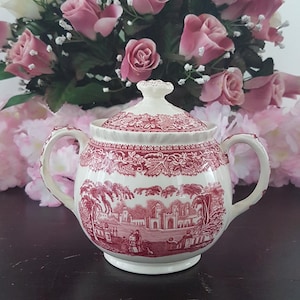 Masons VISTA Red Pink Transferware Sugar Bowl with Lid, Vintage Ironstone Made in England, 1940s