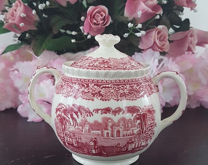 Masons VISTA Red Pink Transferware Sugar Bowl with Lid, Vintage Ironstone Made in England, 1940s
