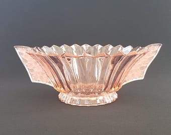 Vintage Pink Glass Centerpiece Bowl, Art Deco Style, German Depression Era