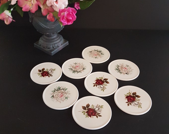 Vintage H & R Johnson, Set of 8 Ceramic Coaster Set, Floral, Red Rose, Johnson Tile, Made in England, circa 1960s