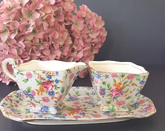 Royal Winton OLD COTTAGE CHINTZ Cream Sugar Set, Made in England, 1930s