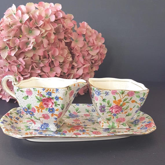 Royal Winton OLD COTTAGE CHINTZ Cream Sugar Set, Made in England, 1930s