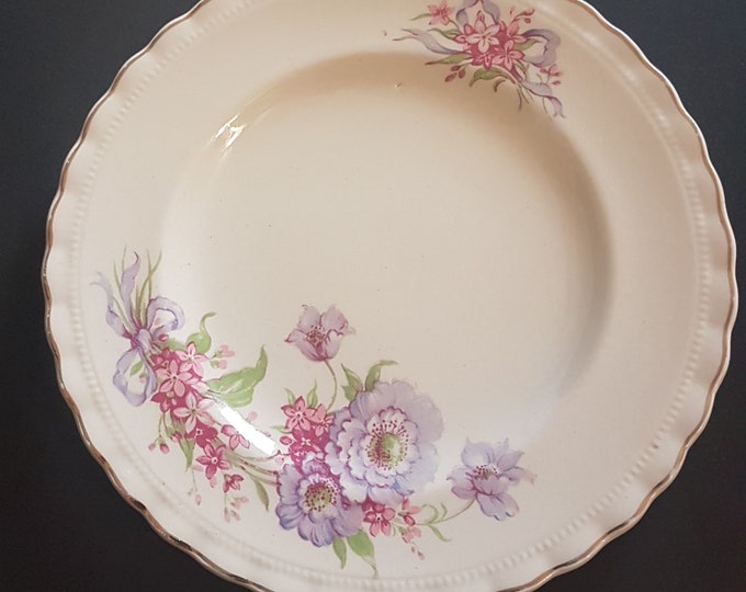 Antique J & G Meakin BRIDAL BOUQUET Side Plates, Set of 5, Reg SOL 391413, Purple Pink Flowers, Purple Bow, Antique Dinnerware, 1912