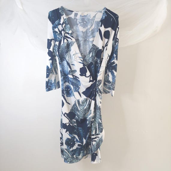Atelier Navy Floral Faux Wrap Midi Dress – Jersey Knit, 3/4 Sleeve