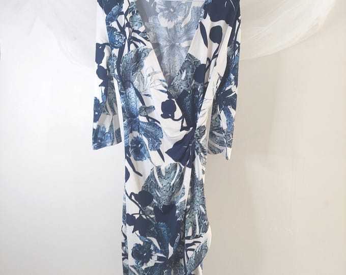 Atelier Navy Floral Faux Wrap Midi Dress – Jersey Knit, 3/4 Sleeve
