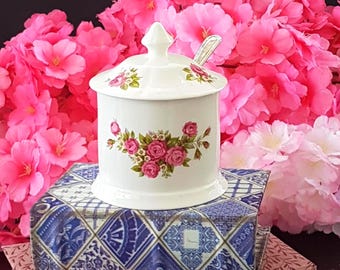 Vintage Bone China Sugar Bowl with Lid: Pink Rose Floral, Made in Canada