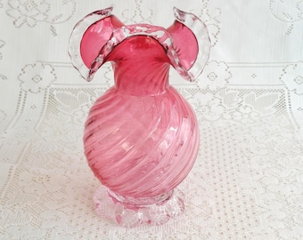 Hand Blown Glass Cranberry Swirl Rossi Art Glass Vase - 9 Inch