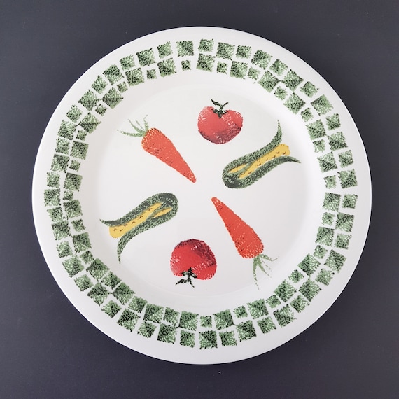 Vintage Arcopal Vegetable Dinner Plates Set of 2 French Milk Glass Tomato Corn Carrot