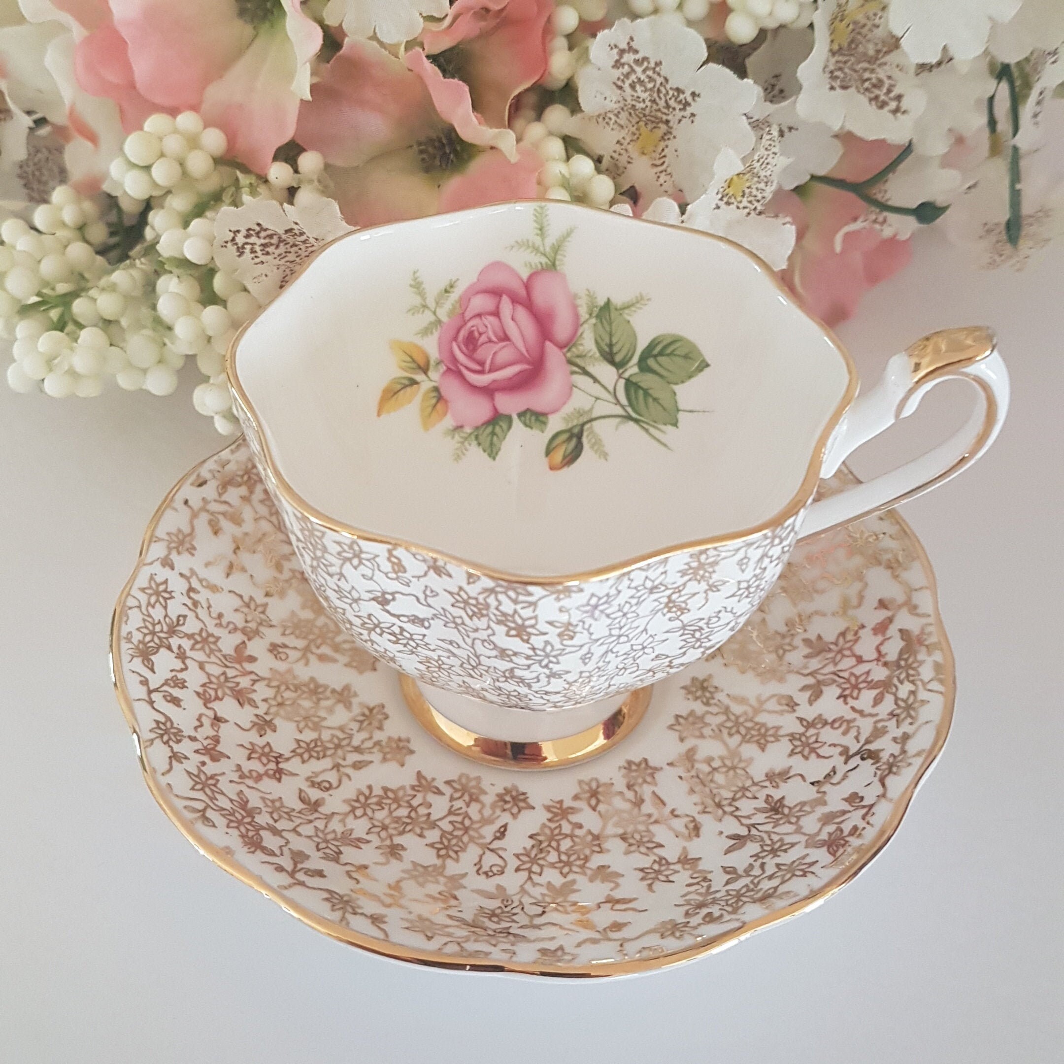 Vintage English Gold Chintz Bone China Tea Cup & Saucer, Pink Rose