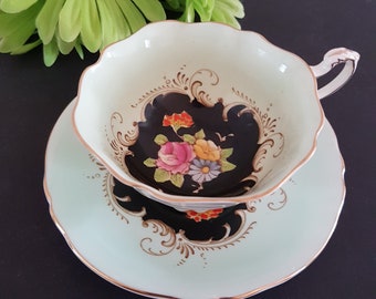 Vintage Paragon Tea Cup and Saucer, Pale Green Cup and Saucer, Pink Roses, Blue Daisy on Black, England, 1930s