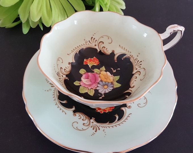 Vintage Paragon Tea Cup and Saucer, Pale Green Cup and Saucer, Pink Roses, Blue Daisy on Black, England, 1930s