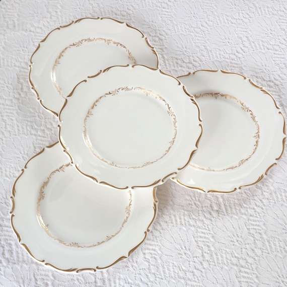 Vintage Royal Doulton Richelieu H4957 White & Gold Scroll Side Plate Set | Bone China England