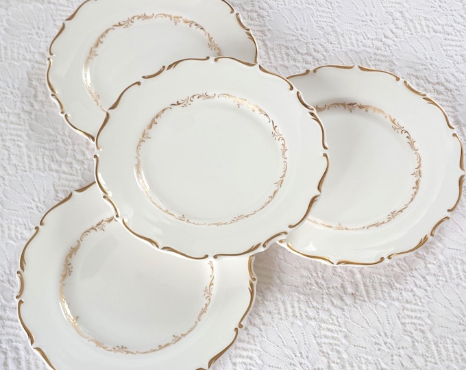 Vintage Royal Doulton Richelieu H4957 White & Gold Scroll Side Plate Set | Bone China England