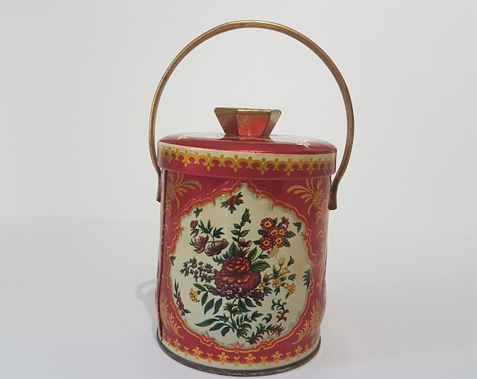 Vintage English Toffee Tin with Bale Handle and Hexagon Lid Handle, Candy Tin, Decorative Storage Tin