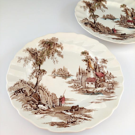 Vintage Johnson Brothers The Old Mill Plates Set of 2 Brown Multicolor England