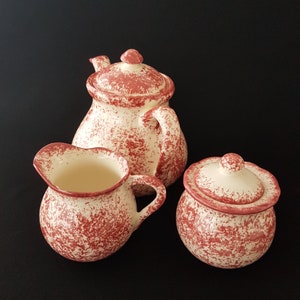 Dusty Pink Spongeware Teaset, Tea Pot, Cream Sugar Set, Full Size, 6 ...