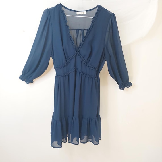 Ever B Navy Blue Chiffon Mini Dress - Smocked Waist - Sheer Balloon Sleeves - Ruffle Hem - Size Large