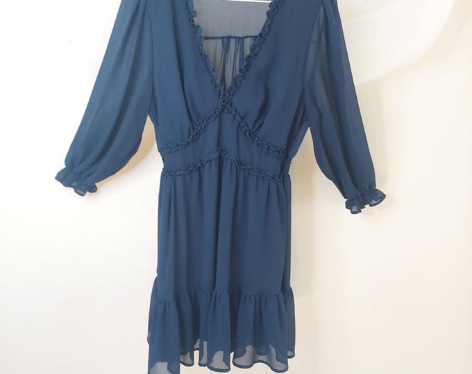 Ever B Navy Blue Chiffon Mini Dress - Smocked Waist - Sheer Balloon Sleeves - Ruffle Hem - Size Large