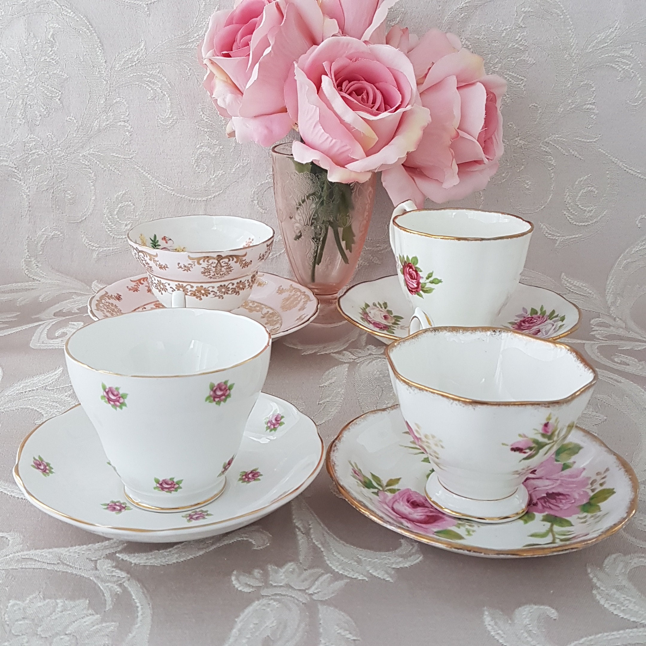 Scherzer Bavaria RARE Romantic Pink Tea Cup Saucer Set 6 Floral Bridesmaid  Gift