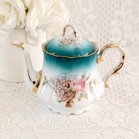 Antique PMB Royal Bavaria 500ml Teapot - Hand Painted Pink Roses Gold Teal Ombre