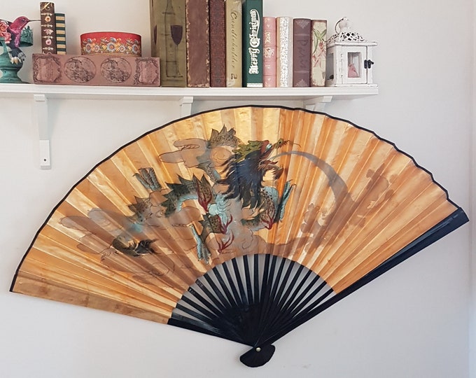 Vintage Large Japanese Decorative Wall Fan, 57 inch Hand Painted Chinese Dragon, Paper Wood