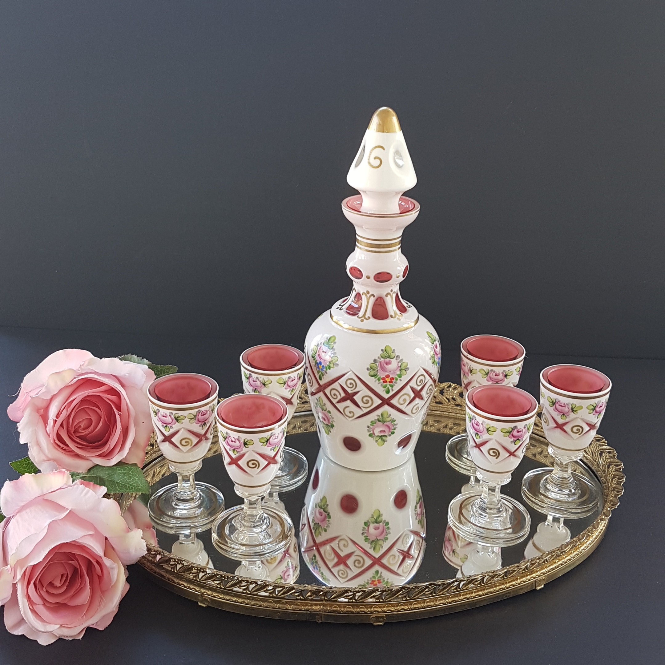 Decanter Set, Czech Bohemian Glass Decanter with 6 Matching Shot Glasses, Hand Painted White