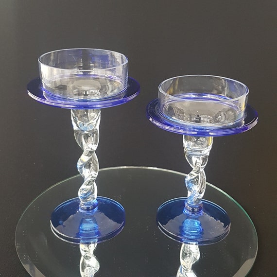 Vintage Cobalt Blue Glass Twisted Stem Pillar Votive Taper Candle Holders Set