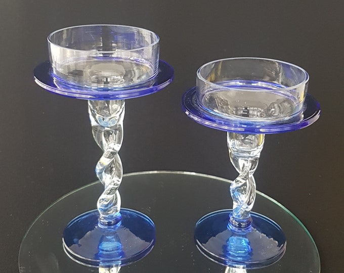 Vintage Glass Candle Holders, Cobalt Blue and Clear Twisted Stem, Set of 2 Different Heights