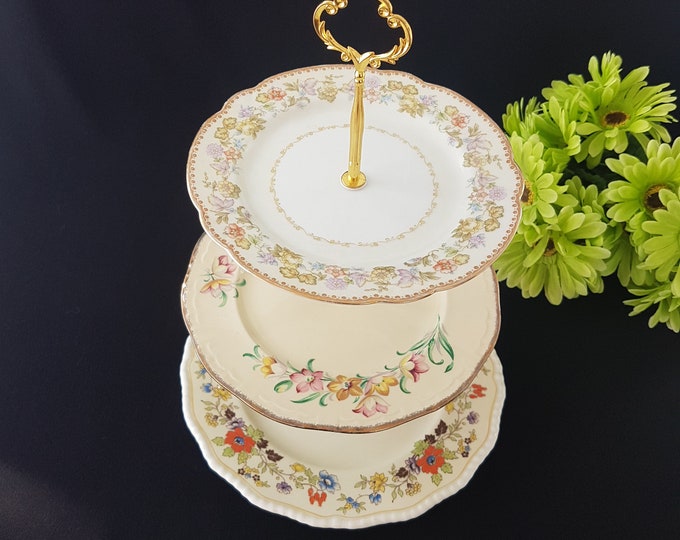 3 Tier Cake Stand, Mismatched Floral Vintage Plates, Royal Doulton, Alfred Meakin, Noritake, Afternoon Tea Party, Serving Tray