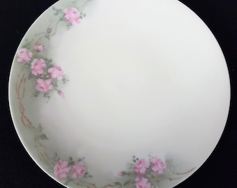 Vintage T&V Limoges Hand-Painted Porcelain Dinner Plates Pink Roses Pastel Green French Antique China