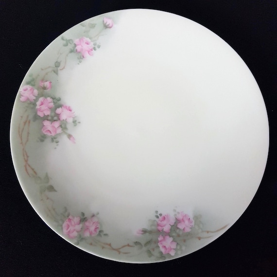 Vintage T&V Limoges Hand-Painted Porcelain Dinner Plates Pink Roses Pastel Green French Antique China