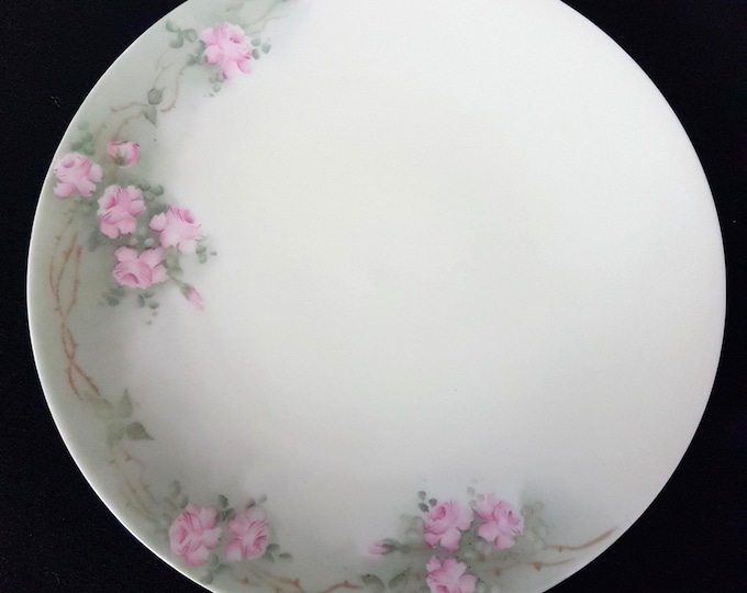 Vintage T&V Limoges Hand-Painted Porcelain Dinner Plates Pink Roses Pastel Green French Antique China